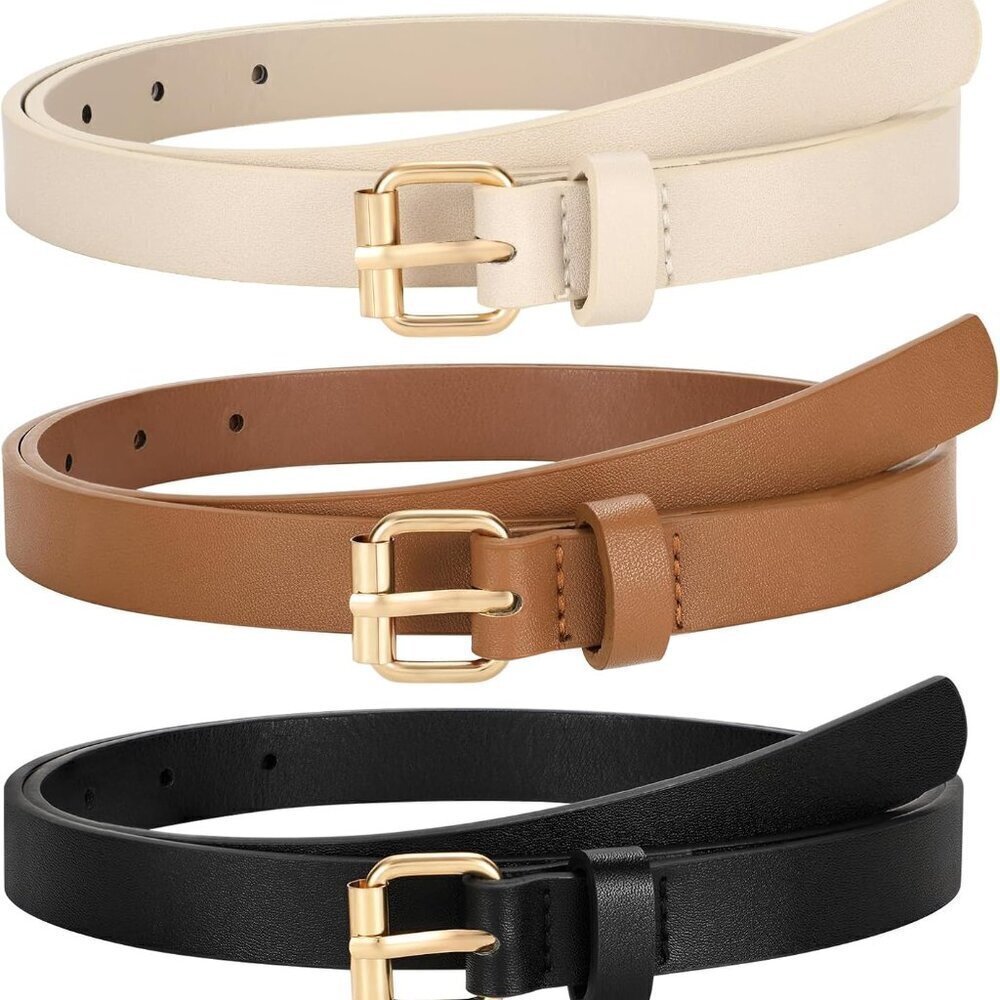 Women Leather Belts 3 Pack Thin Waist Belts with Gold Buckle for Jeans Dresses